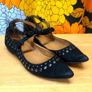 Frye Sienna Black Suede Studded Strappy Criss Cross Buckle Pointed Toe Flats